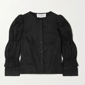 LES RÊVERIES ELIZABETH RUCHED RUFFED LINEN SHIRT IN BLACK